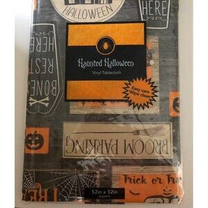 Haunted Halloween Farm Truck Vinyl Tablecloth 52x52" Flannel Backed Pumpkins